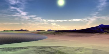 Fantezi uzaylı gezegeni. Dağ ve göl. 3B illüstrasyon