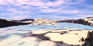 Fantezi uzaylı gezegeni. Dağ ve göl. 3B illüstrasyon