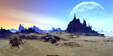 Fantezi uzaylı gezegeni. Dağ. 3B illüstrasyon