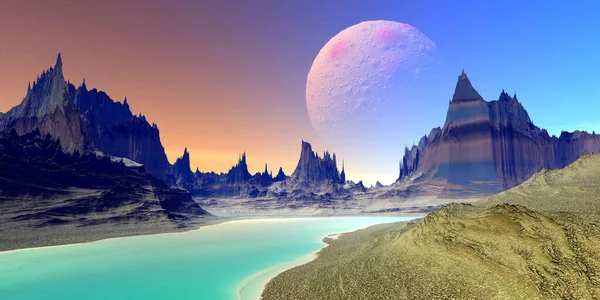 Fantasy Buitenaardse Planeet Berg Meer Illustratie — Stockfoto