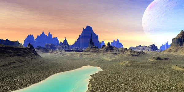 Fantasía Planeta Alienígena Montaña Lago Ilustración —  Fotos de Stock
