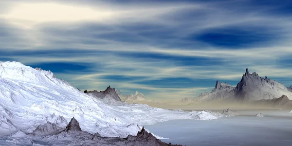ファンタジーエイリアン惑星 山と湖 3Dイラスト — ストック写真