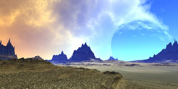 Фантазия Инопланетной Планеты Гора Иллюстрация — стоковое фото