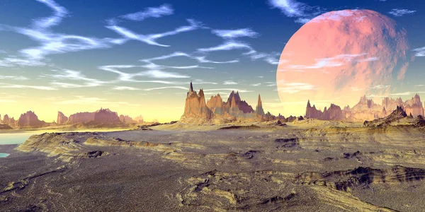 Fantasy Alien Planet Berg Und See Illustration Stockbild