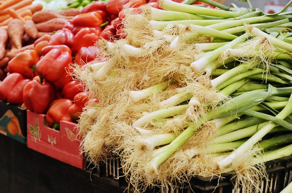 Cebolas verdes e pimentas em stand de mercado — Fotografia de Stock