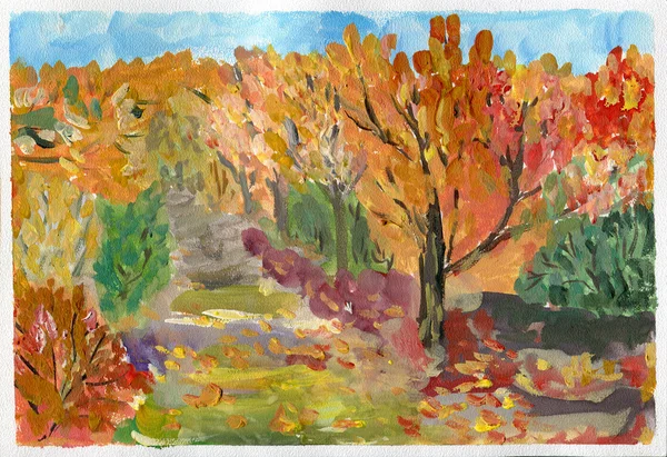 Autumn forest landscape, gouache sketch. — Stock Photo, Image