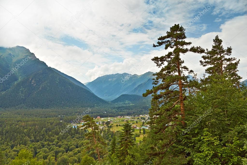 Mountain valley. View of the village Arhiz bird's-eye view. Kara