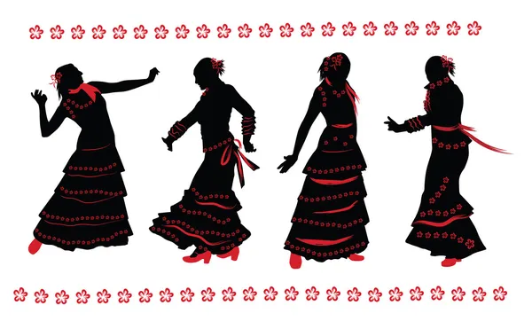 Femme dansant le flamenco. Ensemble de silhouettes noires et rouges sur blanc — Image vectorielle