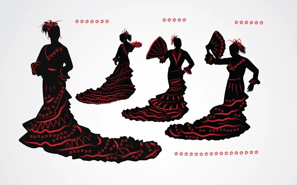Mulher a dançar flamenco. Conjunto de silhuetas pretas e vermelhas — Vetor de Stock