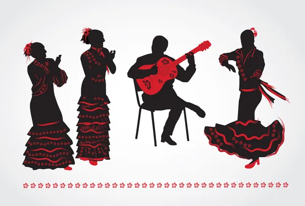 Flamenco dansçıları ve gitarist. siluetleri üzerinde beyaz bir dizi 