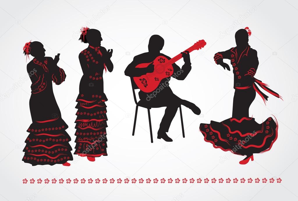 Flamenco dancers and a guitarist. Set of silhouettes on a white 