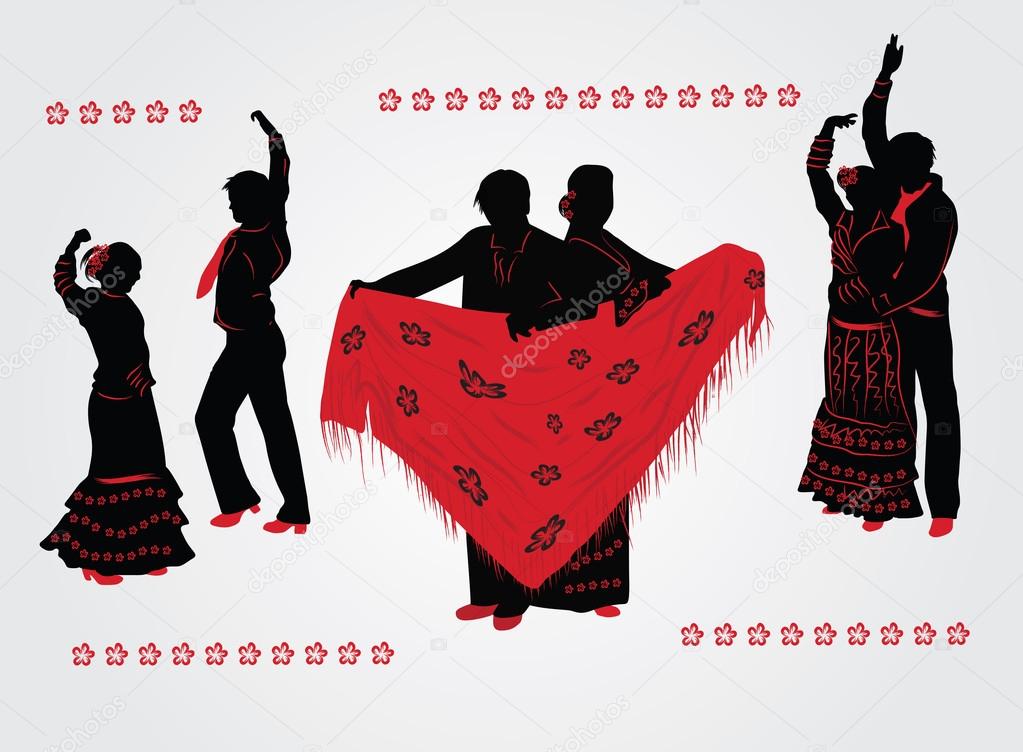 Couples dancing flamenco. Red and black silhouettes on white bac