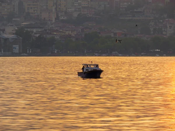 Κεράτιος κόλπος στο ηλιοβασίλεμα. σκάφος που πλέει σε φόντο πόλης. — Φωτογραφία Αρχείου