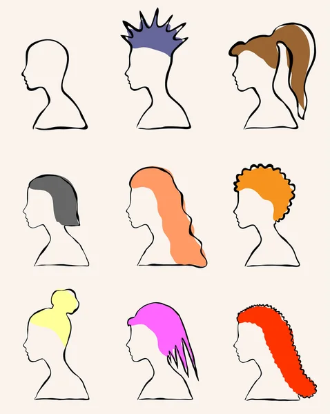 Değişik saç modelleri ile 9 kız kümesi — Stok Vektör