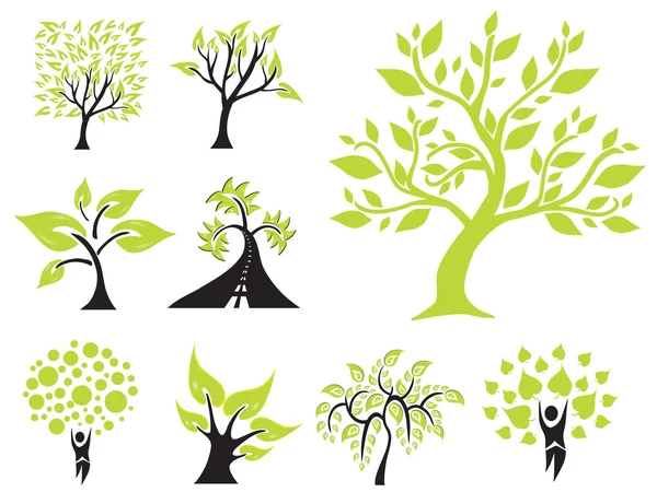 9 zöld fák csoportja — Stock Vector