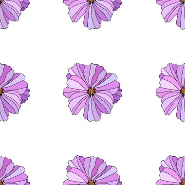 Pembe kozmos çiçekleri ve tasarım elementleriyle zarif, pürüzsüz bir desen. Davetiyeler, kartlar, baskı, hediye paketi, imalat, tekstil, kumaş, duvar kağıtları için çiçek deseni