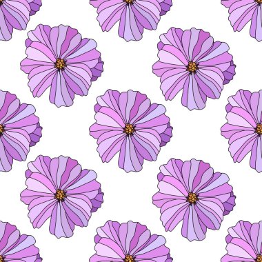 Pembe kozmos çiçekleri ve tasarım elementleriyle zarif, pürüzsüz bir desen. Davetiyeler, kartlar, baskı, hediye paketi, imalat, tekstil, kumaş, duvar kağıtları için çiçek deseni