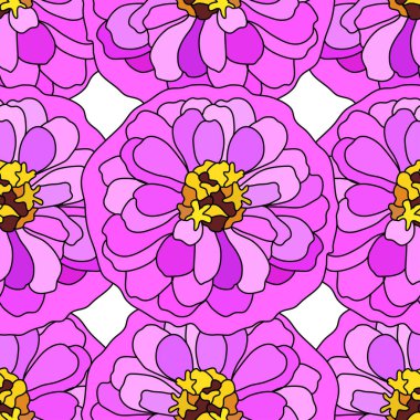 Pembe zinnia çiçekleri ve tasarım elementleriyle zarif, pürüzsüz bir desen. Davetiyeler, kartlar, baskı, hediye paketi, imalat, tekstil, kumaş, duvar kağıtları için çiçek deseni