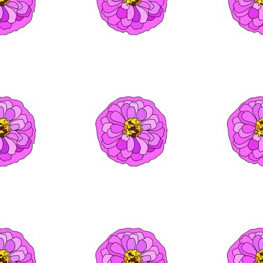 Pembe zinnia çiçekleri ve tasarım elementleriyle zarif, pürüzsüz bir desen. Davetiyeler, kartlar, baskı, hediye paketi, imalat, tekstil, kumaş, duvar kağıtları için çiçek deseni