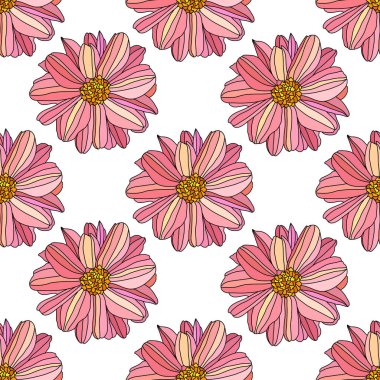 Pembe yıldız çiçekleri ve tasarım elementleriyle zarif, pürüzsüz bir desen. Davetiyeler, kartlar, baskı, hediye paketi, imalat, tekstil, kumaş, duvar kağıtları için çiçek deseni