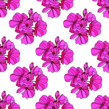 Pembe sardunya çiçekleri ve tasarım elementleriyle zarif, pürüzsüz bir desen. Davetiyeler, kartlar, baskı, hediye paketi, imalat, tekstil, kumaş, duvar kağıtları için çiçek deseni