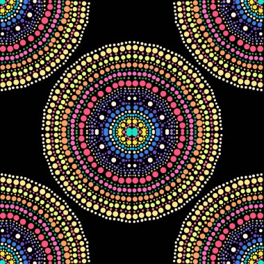 Renkli nokta mandalaları ve tasarım elementleri olan zarif, pürüzsüz bir desen. Davetiyeler için mandala deseni, tebrik kartları, hatıra defteri, baskı, hediye paketi, imalat