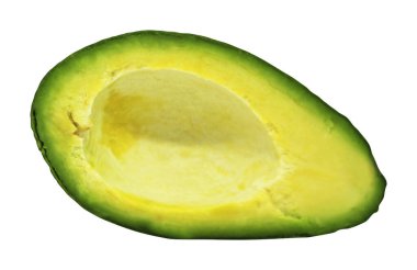Dilimlenmiş avokado meyvesi beyaz arka planda izole edilmiş. Doğal gıda geçmişi. Meyve tasarımı ögesi