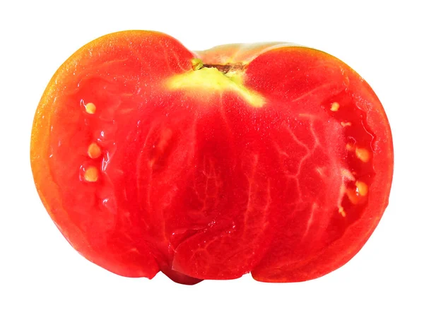 Rood Rijp Gesneden Tomatenfruit Geïsoleerd Witte Achtergrond Natuurlijke Voedselachtergrond Vruchtvormgevingselement — Stockfoto