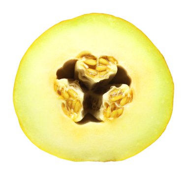 Dilimlenmiş kavun beyaz arka planda izole edilmiş. Doğal gıda geçmişi. Meyve tasarımı ögesi