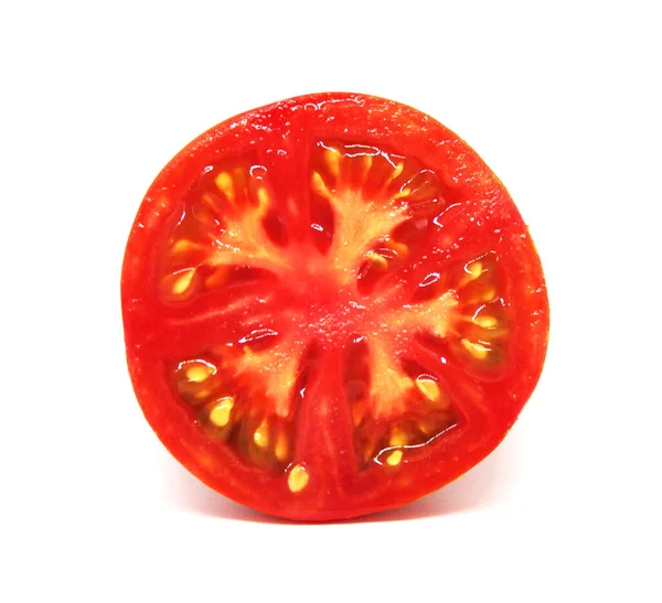 Rood Rijp Gesneden Tomatenfruit Geïsoleerd Witte Achtergrond Natuurlijke Voedselachtergrond Vruchtvormgevingselement — Stockfoto