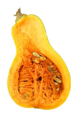 Dilimlenmiş kabak, beyaz arka planda izole edilmiş balkabağı. Doğal gıda geçmişi. Sebze tasarımı ögesi