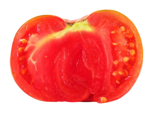 Rood Rijp Gesneden Tomatenfruit Geïsoleerd Witte Achtergrond Natuurlijke Voedselachtergrond Vruchtvormgevingselement — Stockfoto