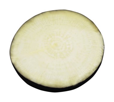 Dilimlenmiş siyah turp, beyaz arka planda izole edilmiş. Doğal gıda geçmişi. Sebze tasarımı ögesi