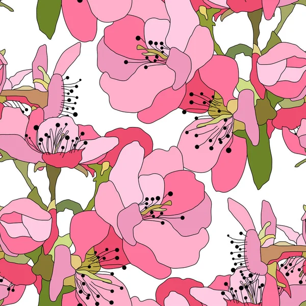 Elegáns Varrat Nélküli Minta Kézzel Rajzolt Dekoratív Sakura Cseresznyevirág Virágok — Stock Vector