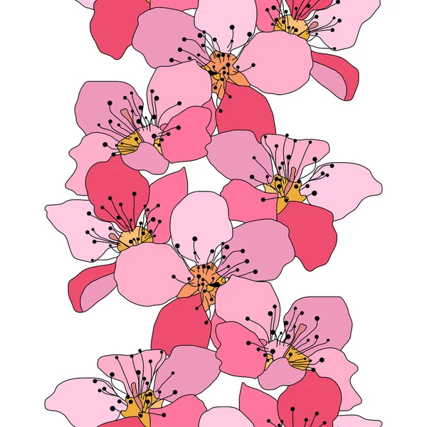 Elegante Naadloze Patroon Met Hand Getekend Decoratieve Sakura Kersenbloesem Bloemen — Stockvector