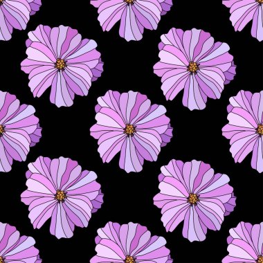 Pembe kozmos çiçekleri ve tasarım elementleriyle zarif, pürüzsüz bir desen. Davetiyeler, kartlar, baskı, hediye paketi, imalat, tekstil, kumaş, duvar kağıtları için çiçek deseni
