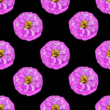 Pembe zinnia çiçekleri ve tasarım elementleriyle zarif, pürüzsüz bir desen. Davetiyeler, kartlar, baskı, hediye paketi, imalat, tekstil, kumaş, duvar kağıtları için çiçek deseni