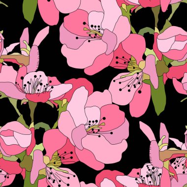 Sakura, kiraz çiçekleri ve tasarım elementleriyle zarif, pürüzsüz bir desen. Davetiyeler, kartlar, baskı, hediye paketi, imalat, tekstil, kumaş, duvar kağıtları için çiçek deseni