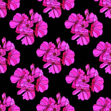 Sardunya çiçekleri ve tasarım elementleriyle zarif, pürüzsüz bir desen. Davetiyeler, kartlar, baskı, hediye paketi, imalat, tekstil, kumaş, duvar kağıtları için çiçek deseni