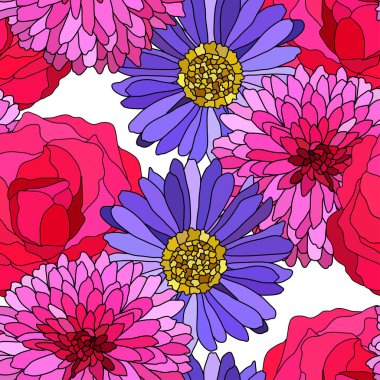 Paskalya, gül, kasımpatı çiçekleri ve tasarım elementleriyle zarif ve pürüzsüz bir desen. Davetiyeler, kartlar, baskı, hediye paketi, imalat, tekstil, kumaş, duvar kağıtları için çiçek deseni