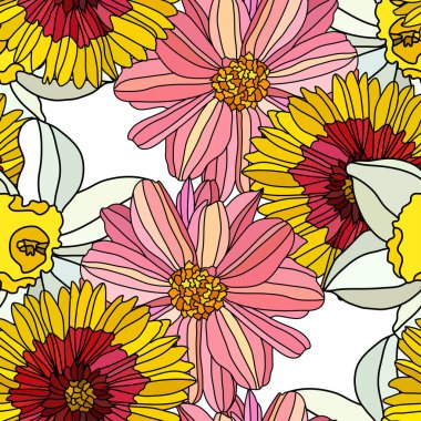 Gaillardia, dahlia, nergis çiçekleri ve tasarım elementleriyle zarif, pürüzsüz bir desen. Davetiyeler, kartlar, baskı, hediye paketi, imalat, tekstil, kumaş, duvar kağıtları için çiçek deseni