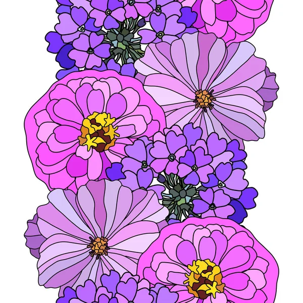 Elegant Seamless Pattern Verbena Zinnia Cosmos Flowers Design Elements Floral — Vetor de Stock