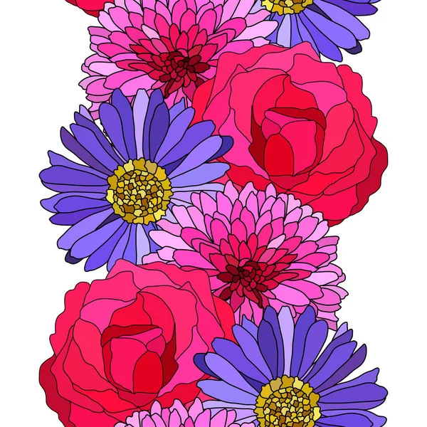 Elegant Seamless Pattern Aster Rose Chrysanthemum Flowers Design Elements Floral — Διανυσματικό Αρχείο