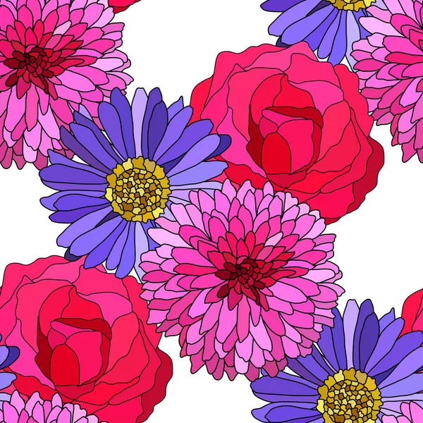 Elegant Seamless Pattern Aster Rose Chrysanthemum Flowers Design Elements Floral — Stock vektor