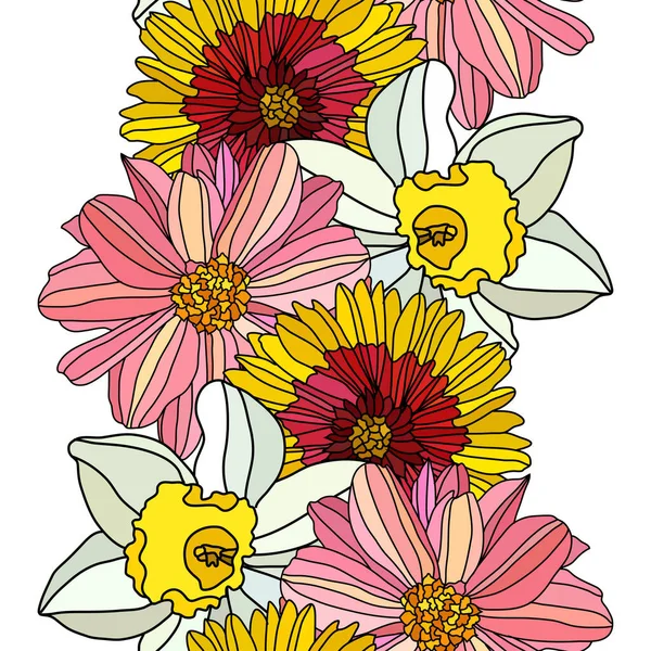 Gaillardia Dahlia Nergis Çiçekleri Tasarım Elementleriyle Zarif Pürüzsüz Bir Desen — Stok Vektör