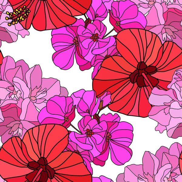 Elegancki Bezszwowy Wzór Hibiskus Oleander Geranium Kwiaty Elementy Projektu Kwiatowy — Wektor stockowy