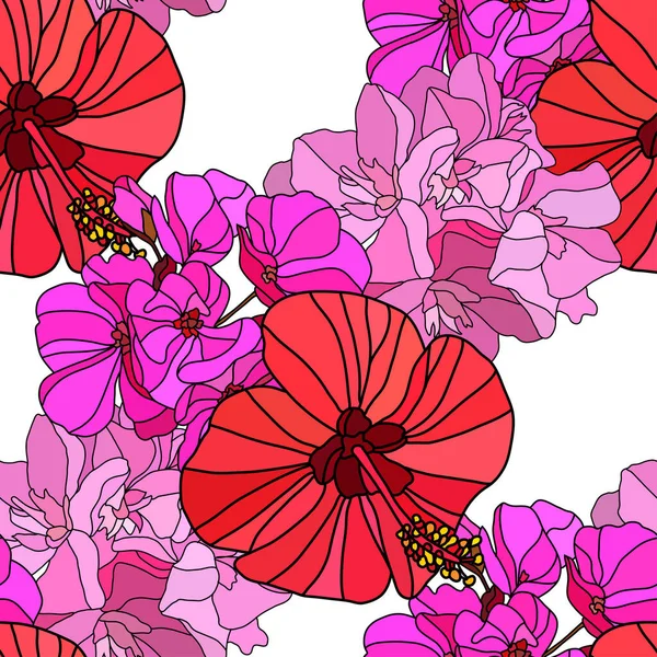 Elegant Seamless Pattern Hibiscus Oleander Geranium Flowers Design Elements Floral — Διανυσματικό Αρχείο