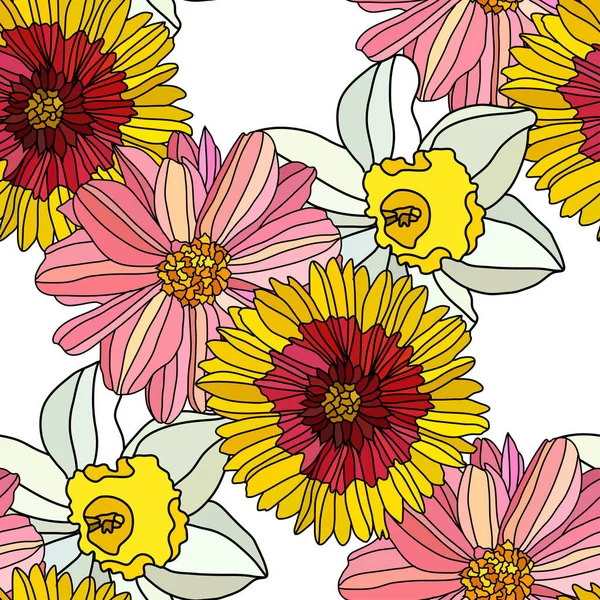 Elegancki Bezszwowy Wzór Gaillardia Dahlia Kwiaty Żonkil Elementy Projektu Kwiatowy — Wektor stockowy