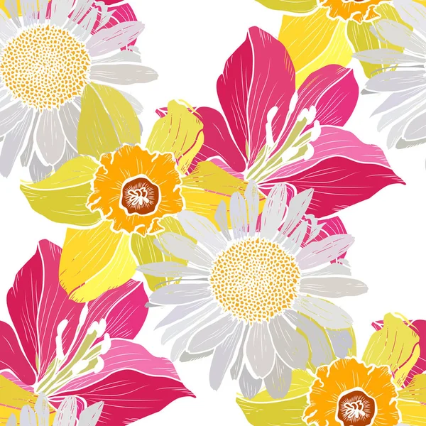 Elegant Seamless Pattern Daffodil Lily Chamomile Flowers Design Elements Floral — 图库矢量图片