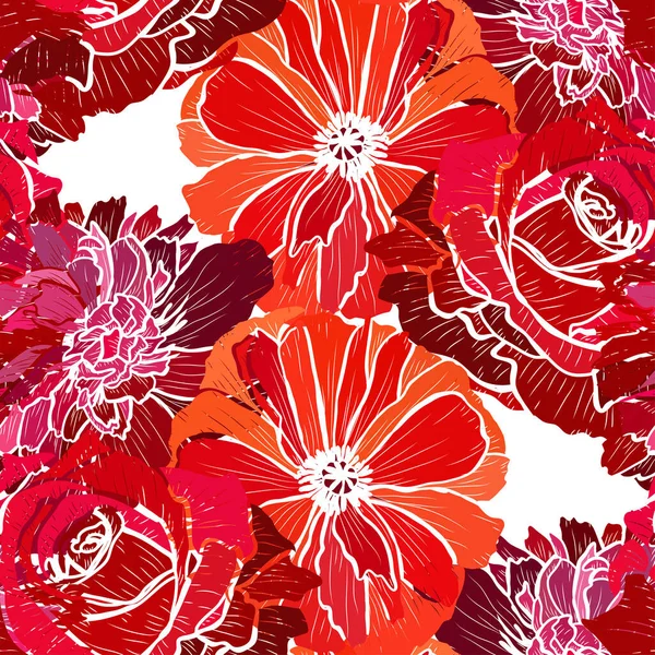 Elegante Patrón Sin Costuras Con Rosa Amapola Flores Peonía Elementos — Archivo Imágenes Vectoriales